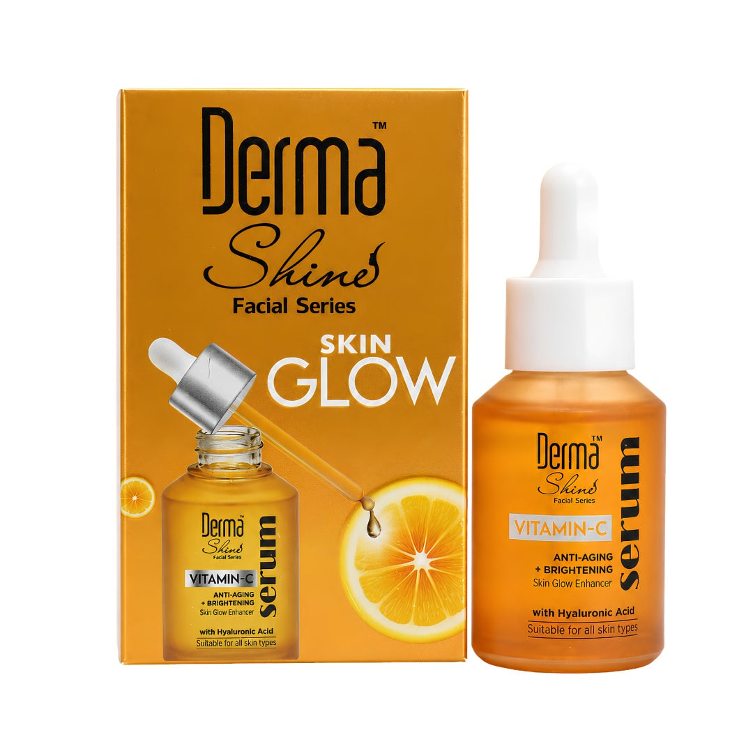 Derma Shine Vitamin-C Serum shown with its orange and gold retail box and the amber dropper bottle on a white background.
