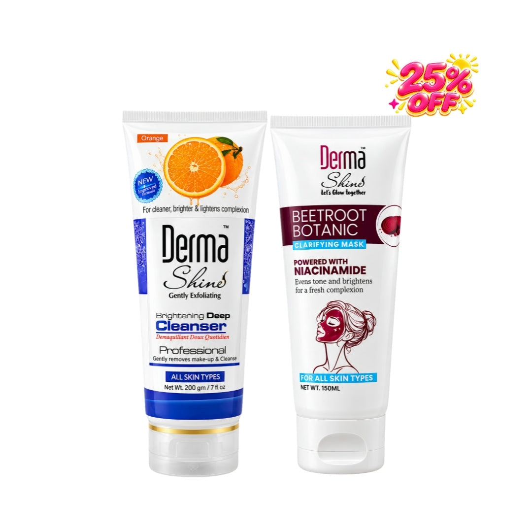 Two Derma Skin professional skincare tubes on a white background: a Cleanser tube with orange graphics and a Beetroot Botanic Puffing Mask tube with a red beetroot graphic. A pink '25% OFF' promotional badge appears in the top right corner.