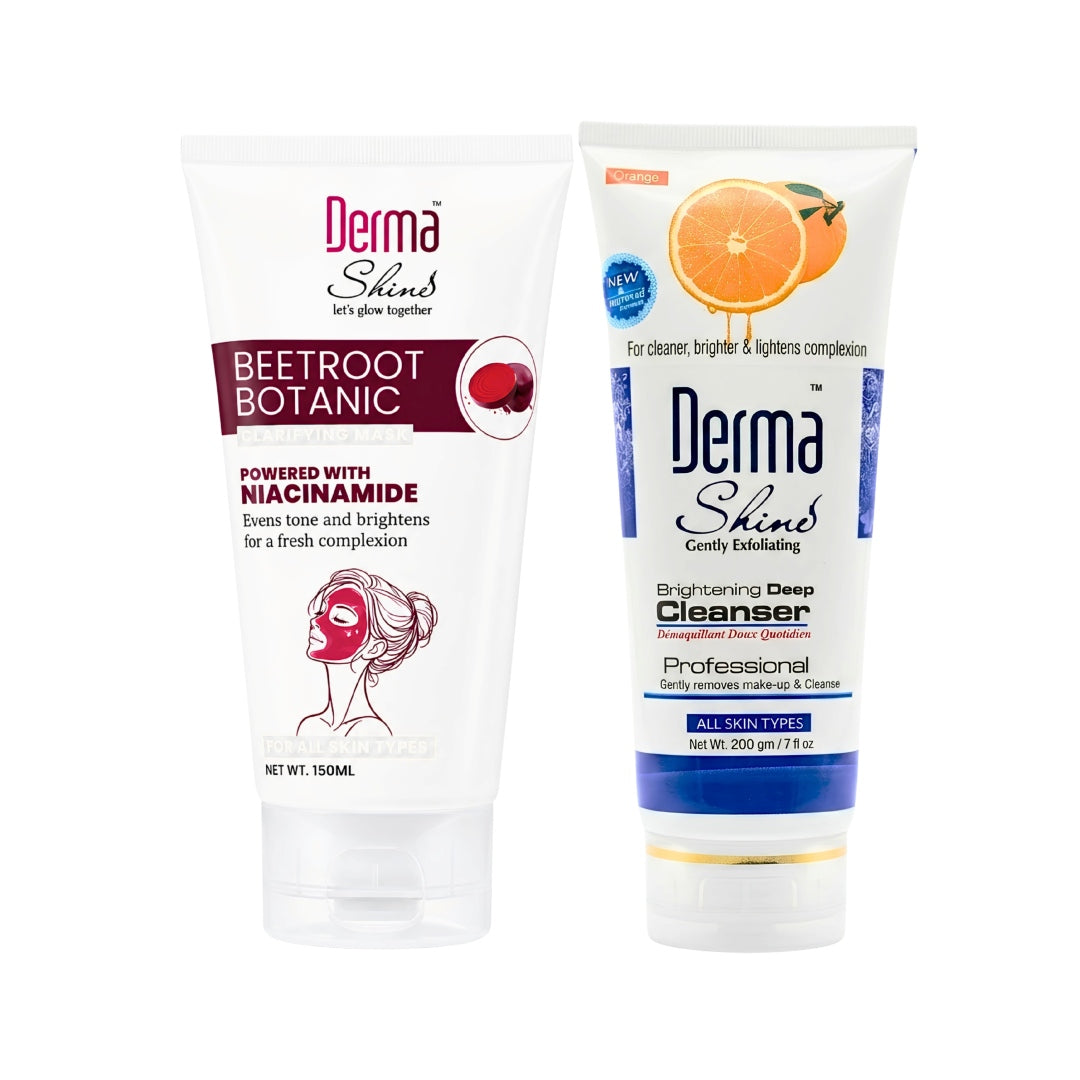 Derma Shine Glow Pack featuring Beetroot Botanic Niacinamide Clarifying Mask 150ml and Orange Brightening Deep Cleanser 200g.