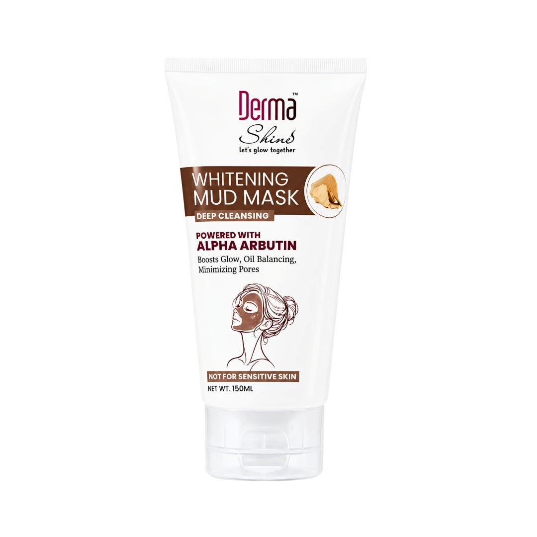 A 50ml squeeze tube of Derma Shines Whitening Mud Mask on a solid white background. The packaging is primarily white with brown and pink text and graphics, including an illustration of a woman wearing a face mask.