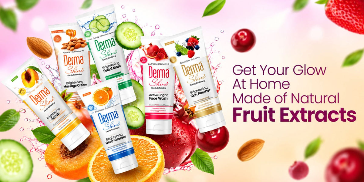 Six Derma Silicon facial cleansers and face wash tubes arranged on a light pink background with floating fruit graphics including strawberries, cherries, oranges, cucumbers, almonds, and leaves. Large text on the right reads, 'Get Your Glow At Home Made of Natural Fruit Extracts.